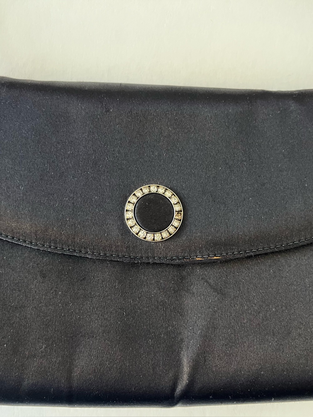 Salvatore Ferragamo Vintage Black Satin Evening Bag w Rhinestone Circle Accent